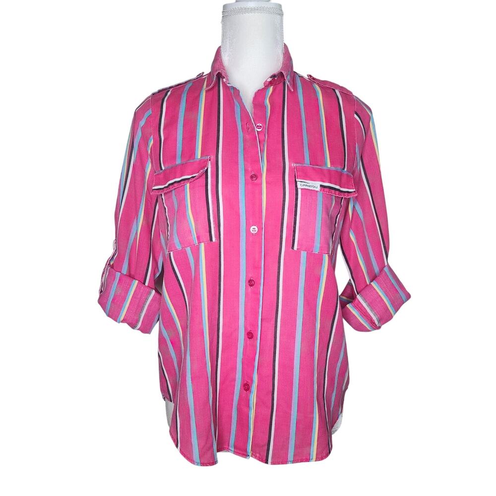 Vintage 80's Pink Striped Roll Sleeve Button Up Shirt Women's Size Medium